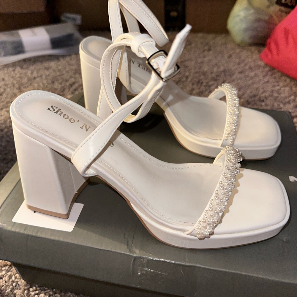 White chunky heels with pearls